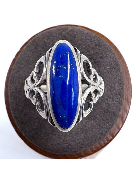 VTG Sterling Silver 925 Lapis Lazuli Scroll Shoulders Statement Ring Size 8.75